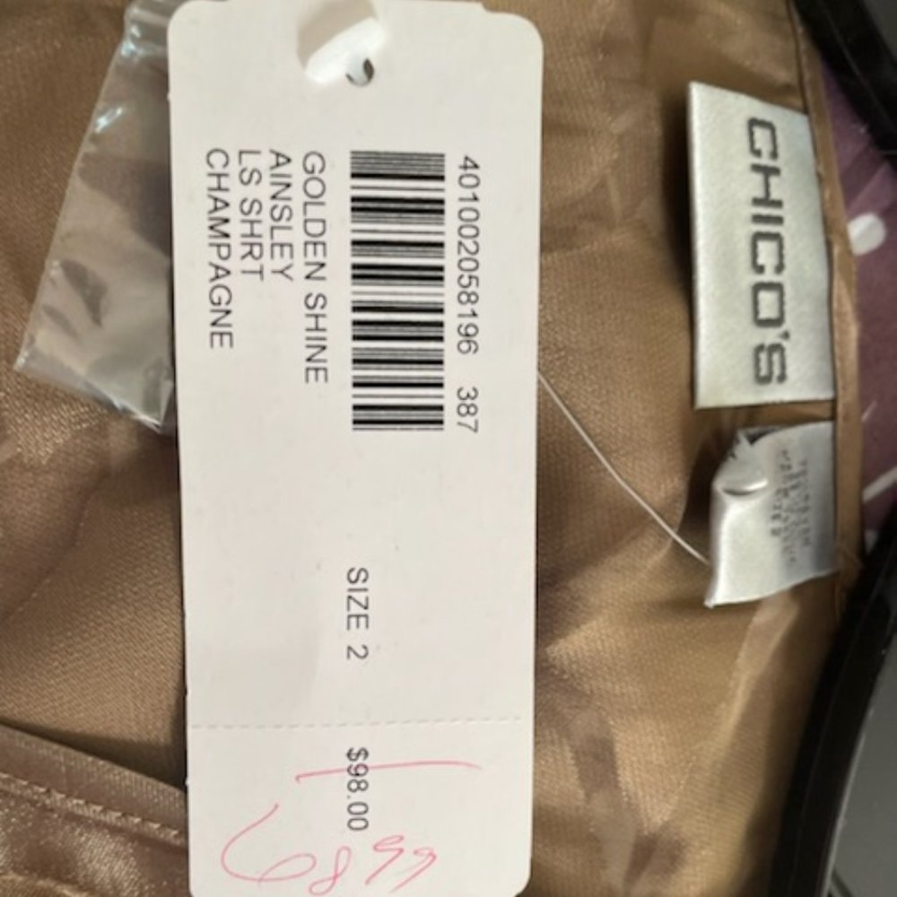 Tan/gold top, Chico.  Label: Golden Shine, Ainsley LS Shrt Champagne & Necklace